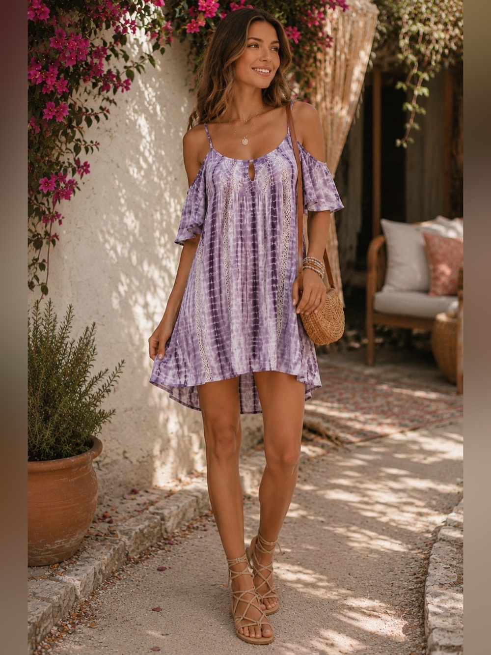 SOCIALITE Purple Tie Dye Cold Shoulder Mini Dress Flutter Sleeve Boho Chic Sz: M